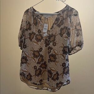 LOFT Cream and Brown Floral V-Neck Puff Sleeve Blouse